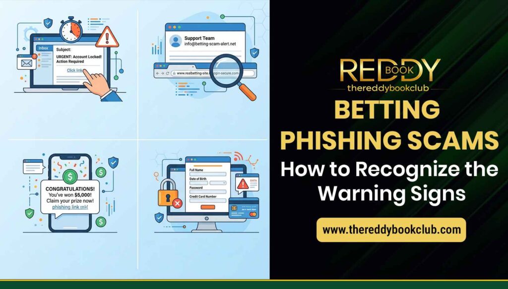 Betting phishing scams explained with warning signs such as fake links, urgent messages, suspicious websites, and requests for account details.